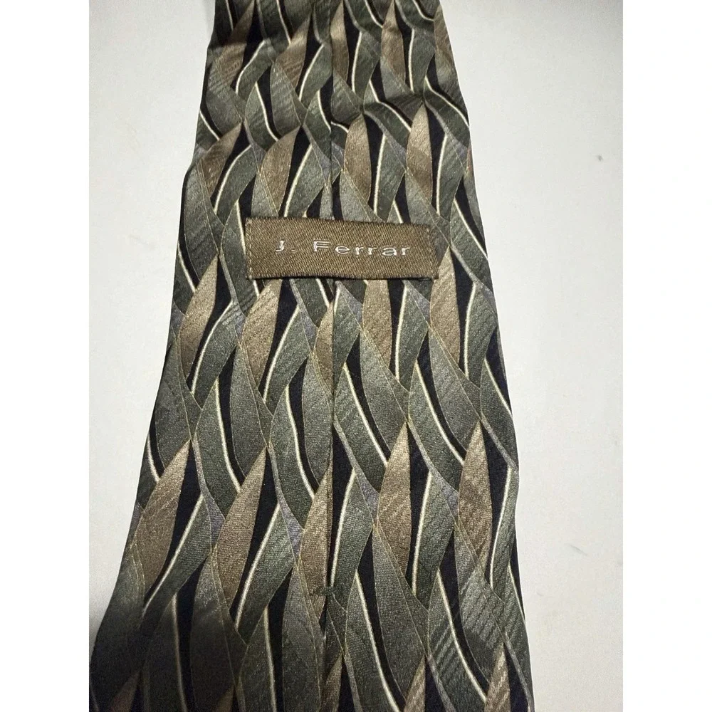 J. Ferrar Mens Silk Necktie Olive Green Taupe Geometric Woven Pattern Tie